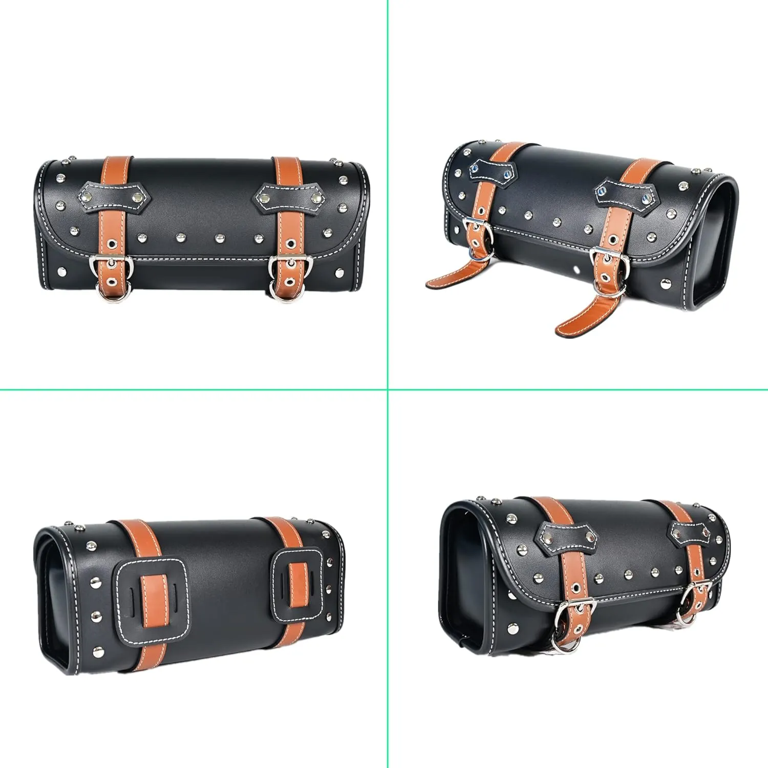 Brown PVC Faux Leather Universal Motorcycle Tool Bag | Fork & Handlebar Bag | Sissy Bar Storage | Black