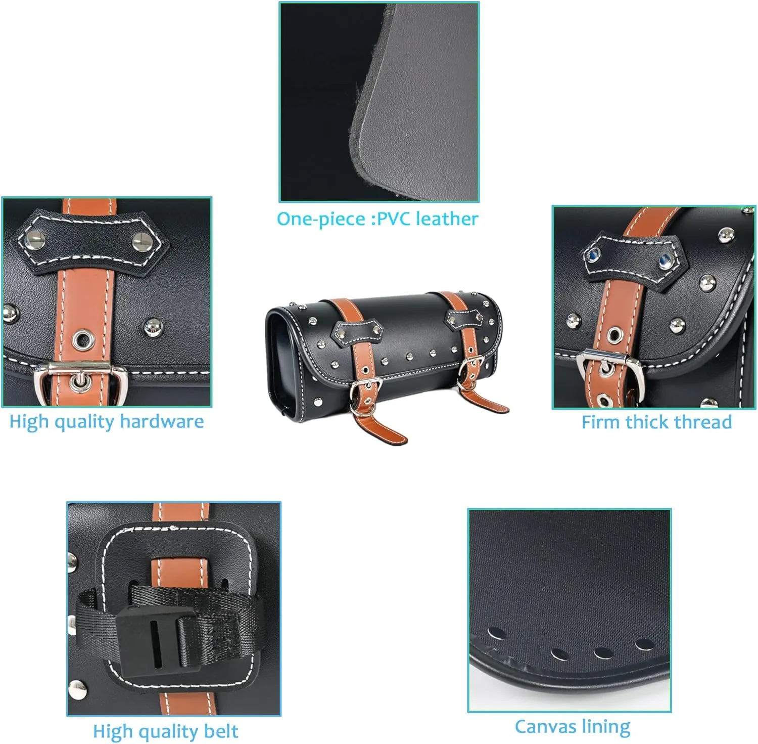 Brown PVC Faux Leather Universal Motorcycle Tool Bag | Fork & Handlebar Bag | Sissy Bar Storage | Black
