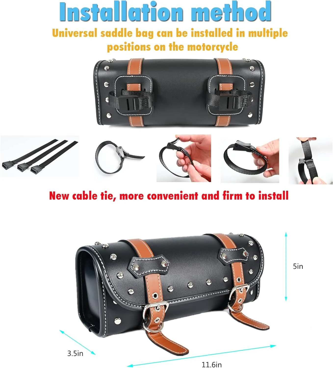 Brown PVC Faux Leather Universal Motorcycle Tool Bag | Fork & Handlebar Bag | Sissy Bar Storage | Black