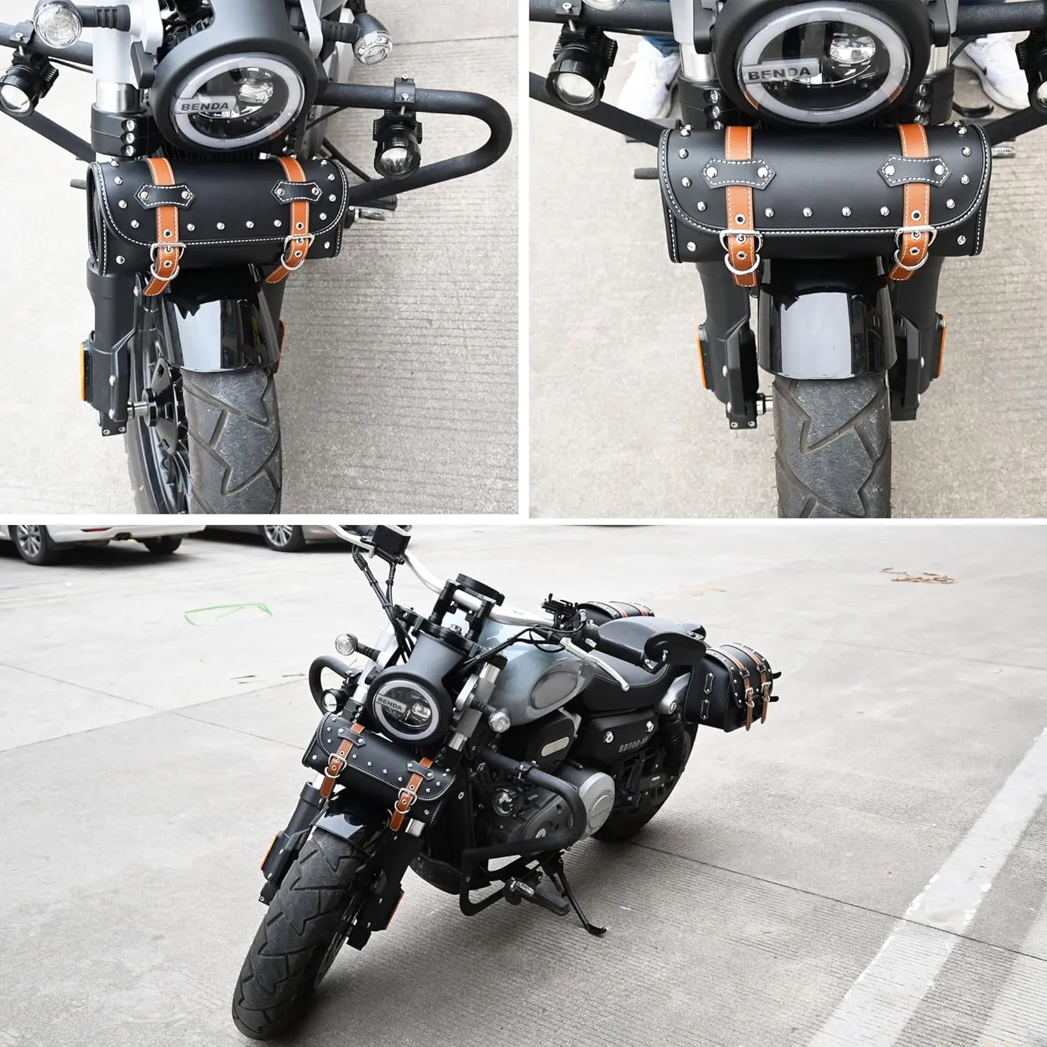 Brown PVC Faux Leather Universal Motorcycle Tool Bag | Fork & Handlebar Bag | Sissy Bar Storage | Black
