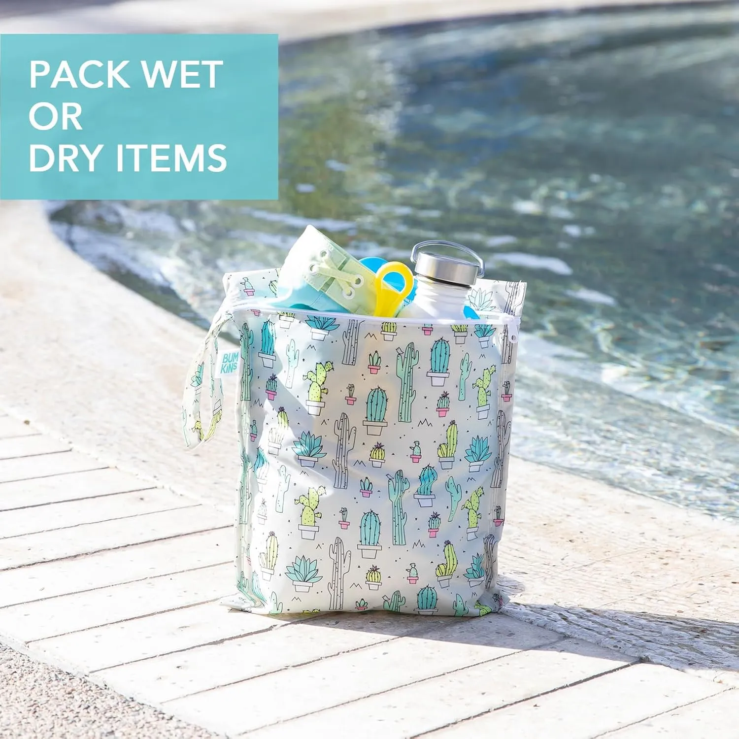 Bumkins Waterproof Wet Bag for Baby, Travel, Swim Suit, Cloth Diapers, Pump Parts, Pool, Beach, Gym Clothes, Toiletry, Hook to Stroller, Daycare, Zipper Reusable Wetdry Packing, 2-pk Cactus and Arrows