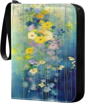 Burbuja Abstract Flower Painting Card Binder, 4 Pockets Trading Card Binder, Portable Card Albums Fits 400 Cards with 50 Removable Sleeves for Sport Cards Game Cards