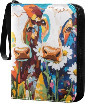 Burbuja Cow Daisy Flower Painting Card Binder, 4 Pockets Trading Card Binder, Portable Card Albums Fits 400 Cards with 50 Removable Sleeves for Sport Cards Game Cards