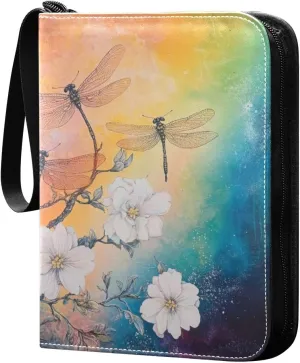 Burbuja Dragonfly Flower Painting Card Binder, 4 Pockets Trading Card Binder, Portable Card Albums Fits 400 Cards with 50 Removable Sleeves for Sport Cards Game Cards
