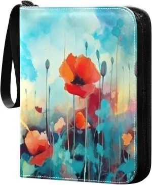 Burbuja Flower Painting Card Binder, 4 Pockets Trading Card Binder, Portable Card Albums Fits 400 Cards with 50 Removable Sleeves for Sport Cards Game Cards