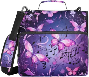 Butterflies Purples Music Notes 3 Ring Zipper Binder with Handle 1.5 inch Binder Organizer, Multi Pockets Office File Folder with Shoulder Strap 500 Sheet Capacity