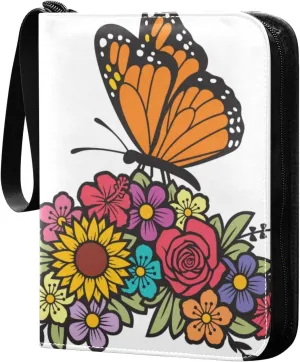 Butterfly and Colorful Flowers Card Binder for Trading Cards, 4 Pocket with 50 Sleeves up to 400 Cards, Double Sided Pockets Card Holder Carry Case for Baseball Card, Football Card, Gaming Cards