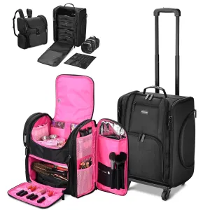 BYOOTIQUE 2in1 Soft Sided Rolling Makeup Train Case with Makeup Backpack Kit Cosmetic Organizer Carry on Travel Trolley with Heat Isolation Side Pocket 7 Toiletry Bags for Makeup Artist Manicurist