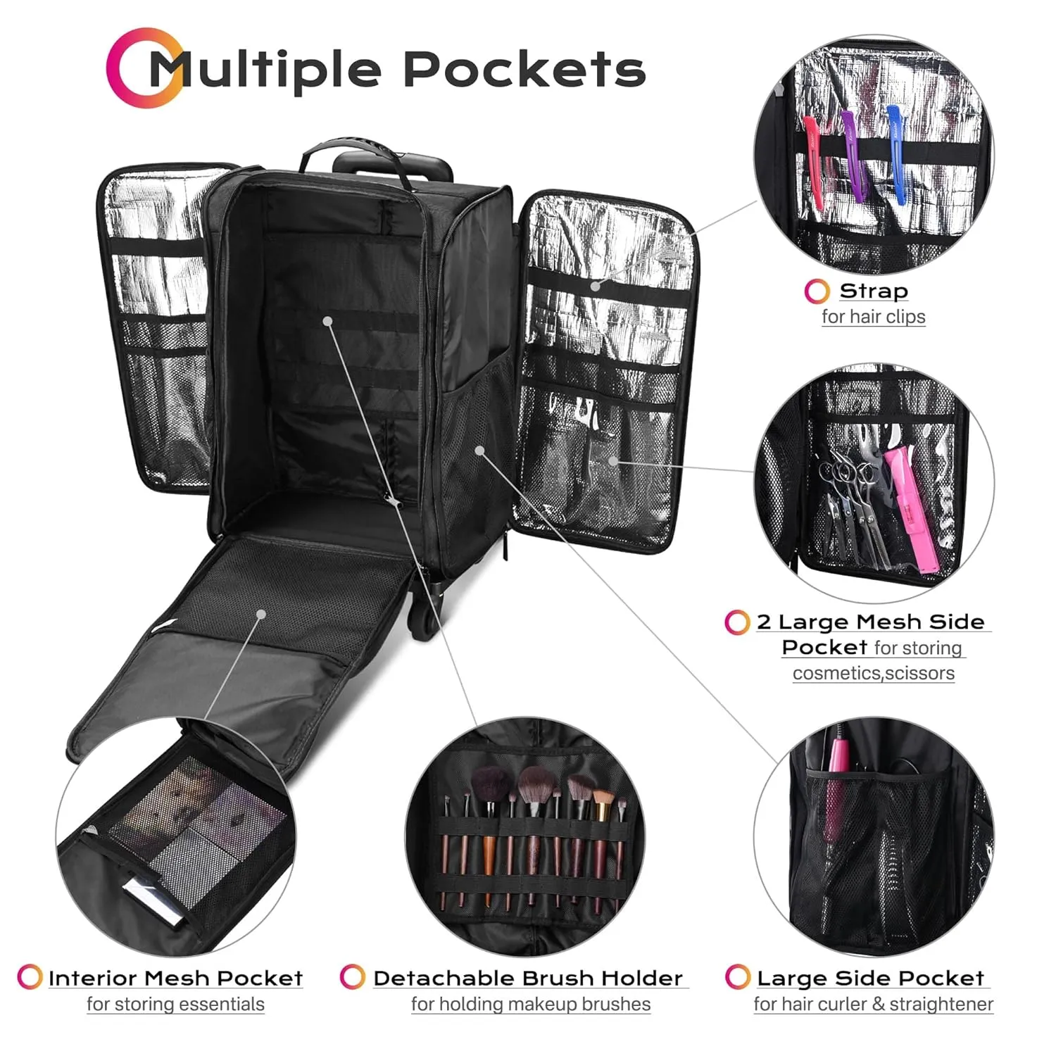 BYOOTIQUE 2in1 Soft Sided Rolling Makeup Train Case with Makeup Backpack Kit Cosmetic Organizer Carry on Travel Trolley with Heat Isolation Side Pocket 7 Toiletry Bags for Makeup Artist Manicurist