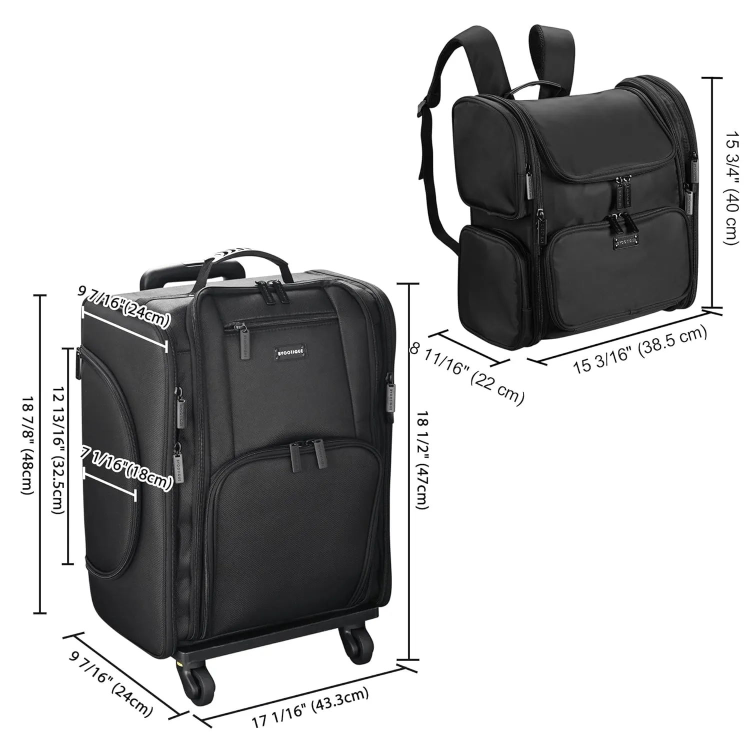BYOOTIQUE 2in1 Soft Sided Rolling Makeup Train Case with Makeup Backpack Kit Cosmetic Organizer Carry on Travel Trolley with Heat Isolation Side Pocket 7 Toiletry Bags for Makeup Artist Manicurist