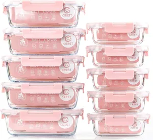 C CREST [10 Pack] Glass Meal Prep Containers, Food Storage Containers with Lids Airtight, Glass Lunch Boxes, Microwave, Oven, Freezer and Dishwasher Safe