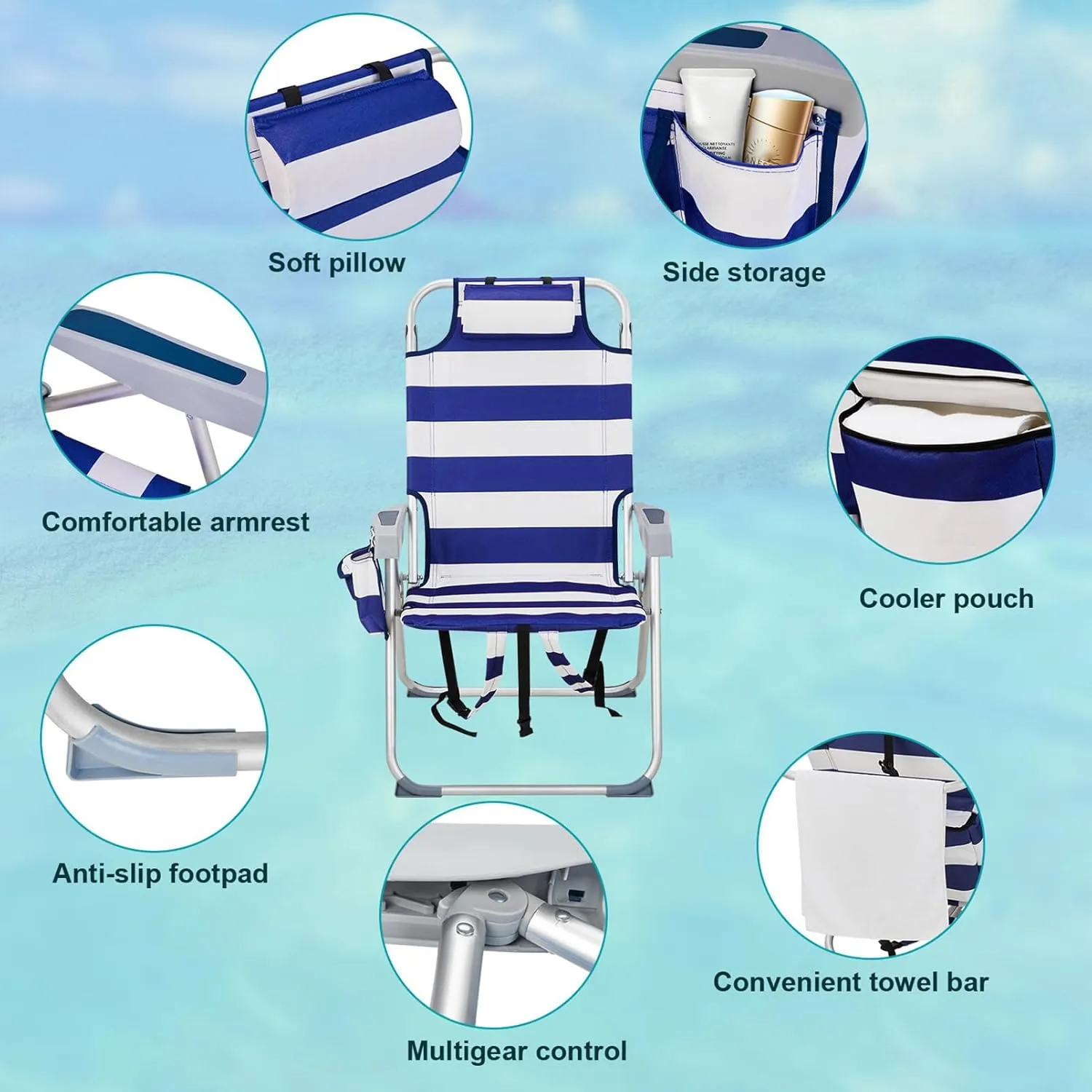 Camping Beach Chair 5-Position Reclining Lightweight High Back Folding Backpacking Chair,Compact w/Cooler Pouch and Soft Pillow,Lawn Chair for Outdoor Camp Hiking Travel,Supports 220lbs,Blue Stripes