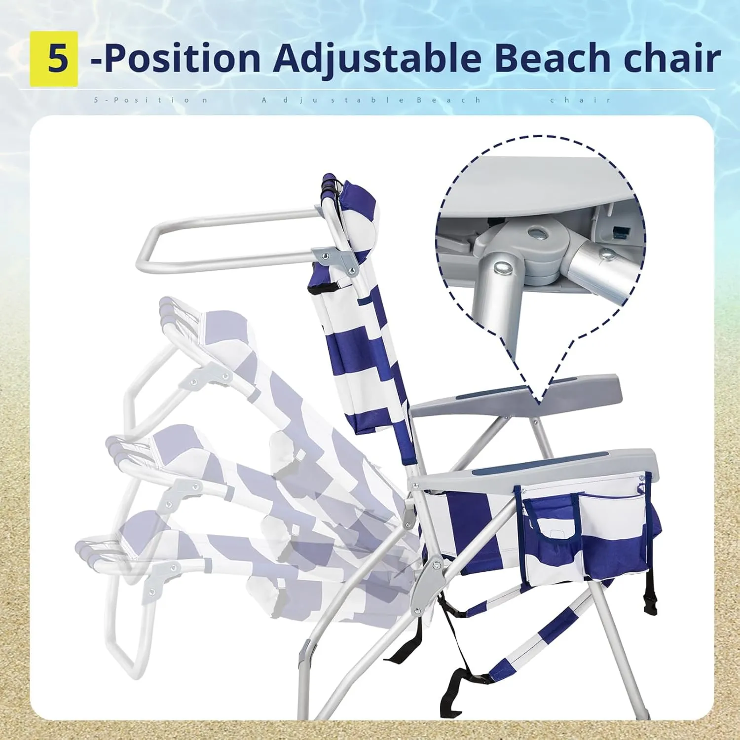 Camping Beach Chair 5-Position Reclining Lightweight High Back Folding Backpacking Chair,Compact w/Cooler Pouch and Soft Pillow,Lawn Chair for Outdoor Camp Hiking Travel,Supports 220lbs,Blue Stripes