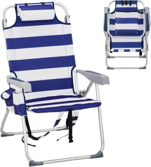 Camping Beach Chair 5-Position Reclining Lightweight High Back Folding Backpacking Chair,Compact w/Cooler Pouch and Soft Pillow,Lawn Chair for Outdoor Camp Hiking Travel,Supports 220lbs,Blue Stripes