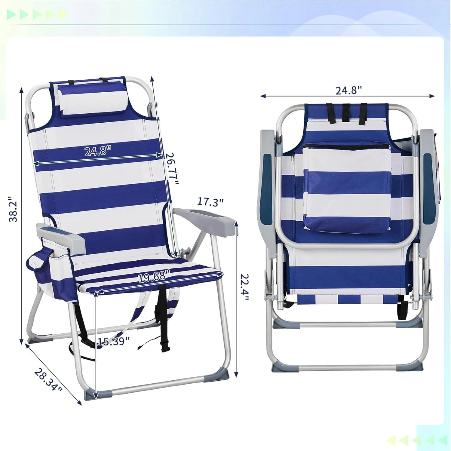 Camping Beach Chair 5-Position Reclining Lightweight High Back Folding Backpacking Chair,Compact w/Cooler Pouch and Soft Pillow,Lawn Chair for Outdoor Camp Hiking Travel,Supports 220lbs,Blue Stripes