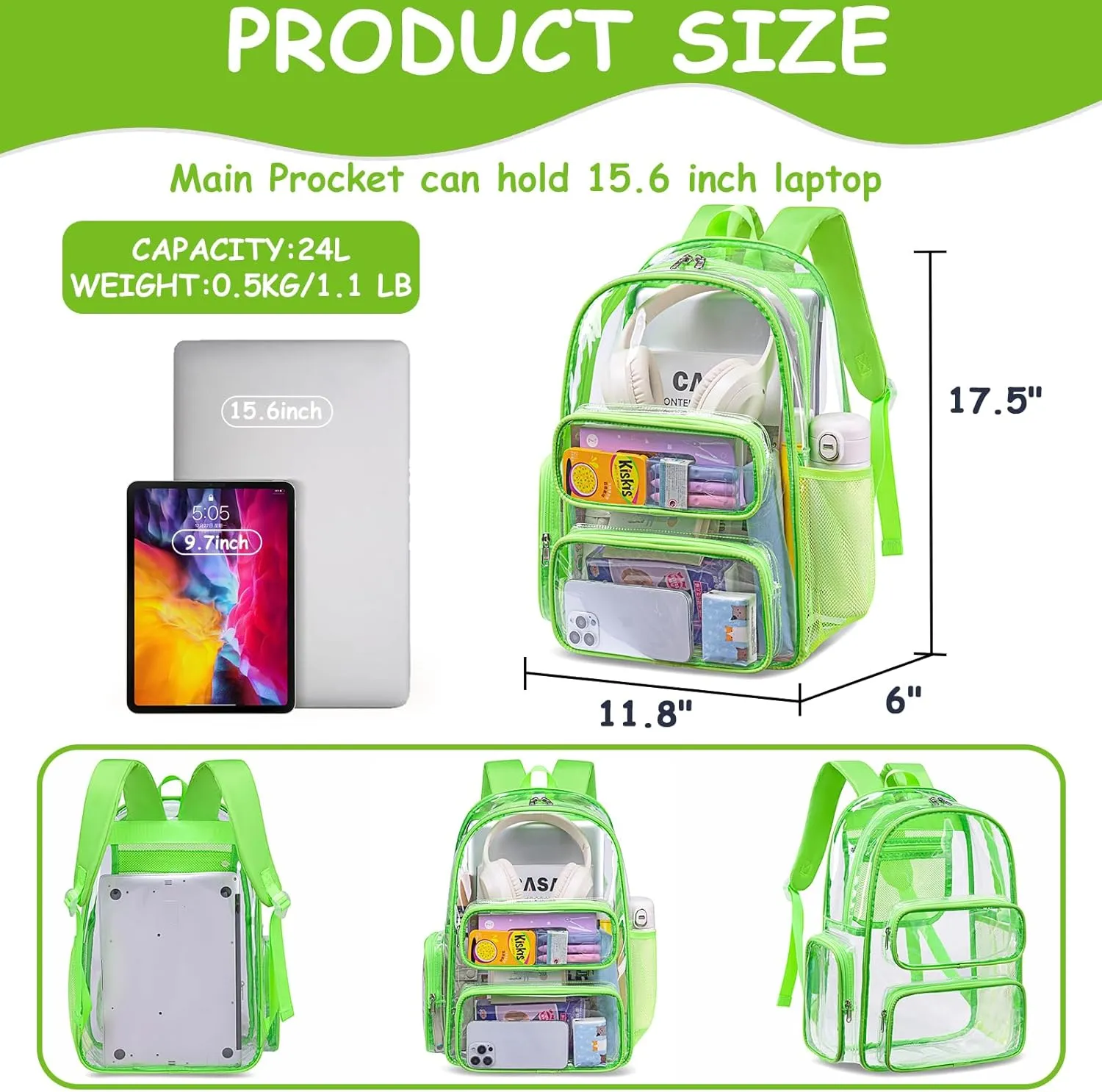 CAMTOP Clear Backpack Heavy Duty Transparent Bag See Through BookBag for Student School Work Festival Sport Travel