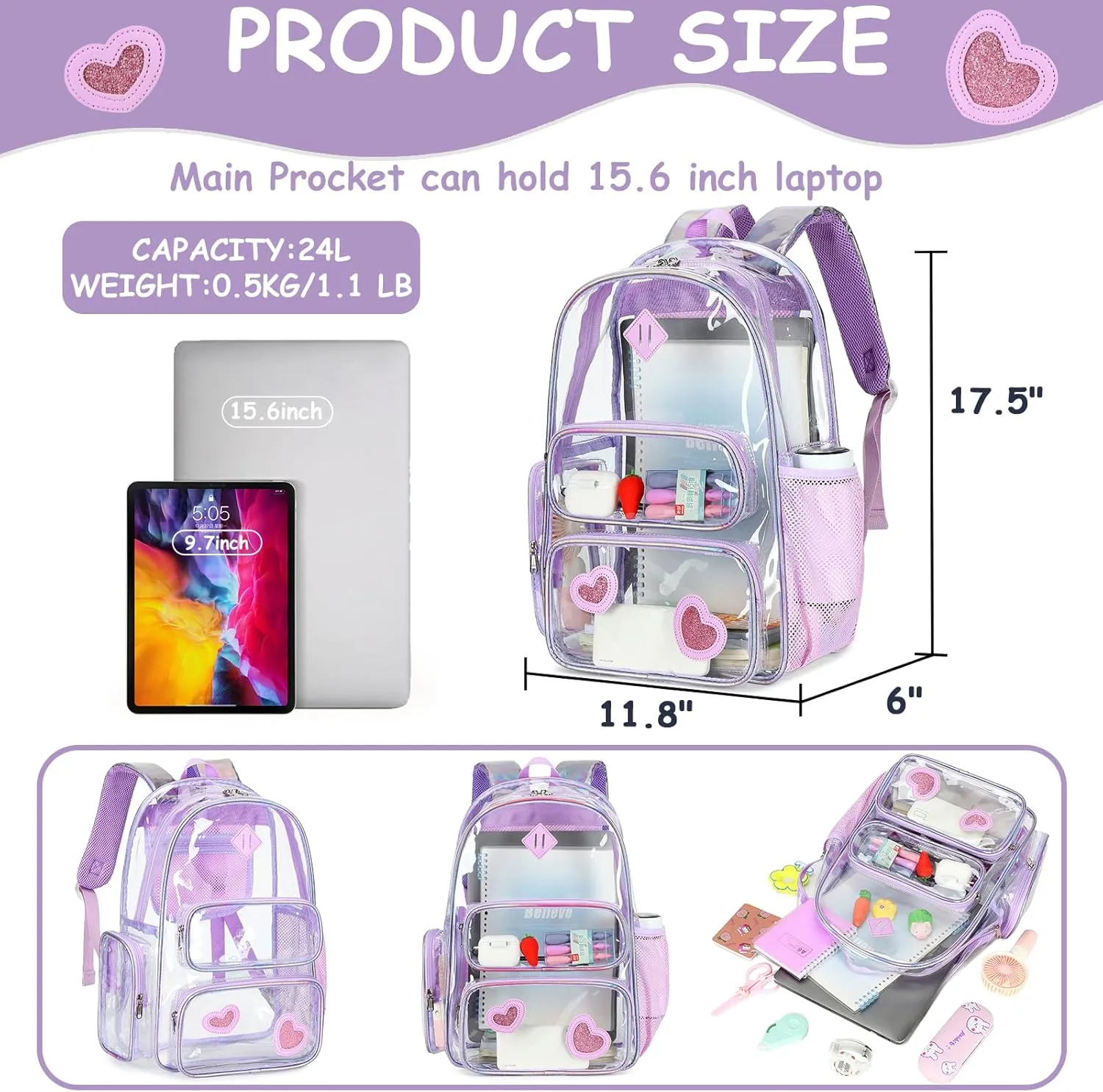 CAMTOP Clear Backpack Heavy Duty Transparent Bag See Through BookBag for Student School Work Festival Sport Travel