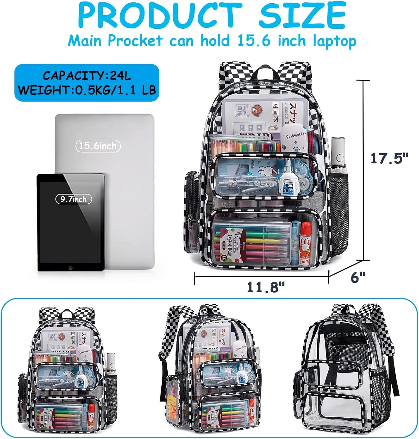 CAMTOP Clear Backpack Heavy Duty Transparent Bag See Through BookBag for Student School Work Festival Sport Travel