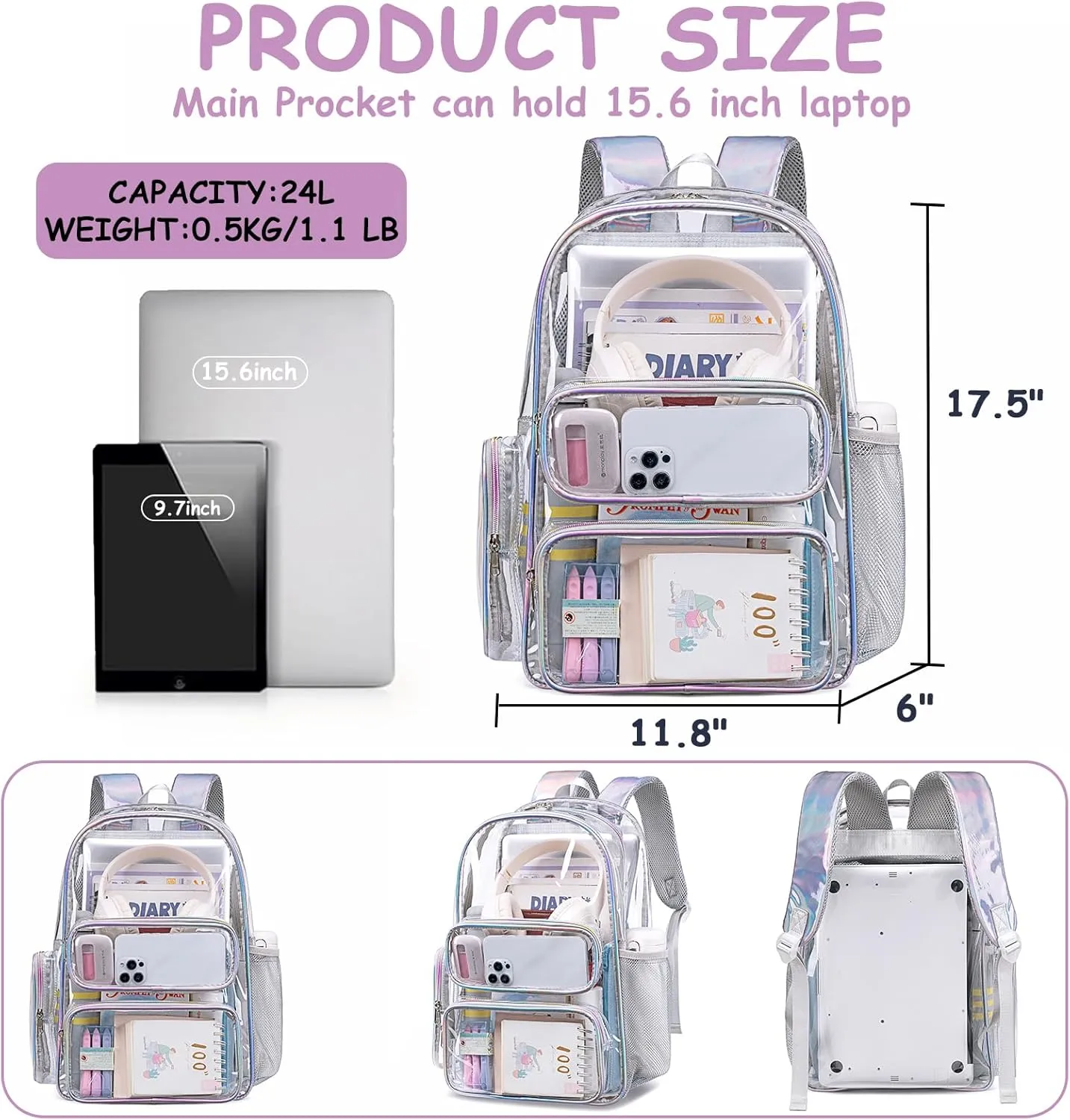 CAMTOP Clear Backpack Stadium Events Heavy Duty Large Clear Backpacks BookBag for Kids Student School Festival Work Sport Travel