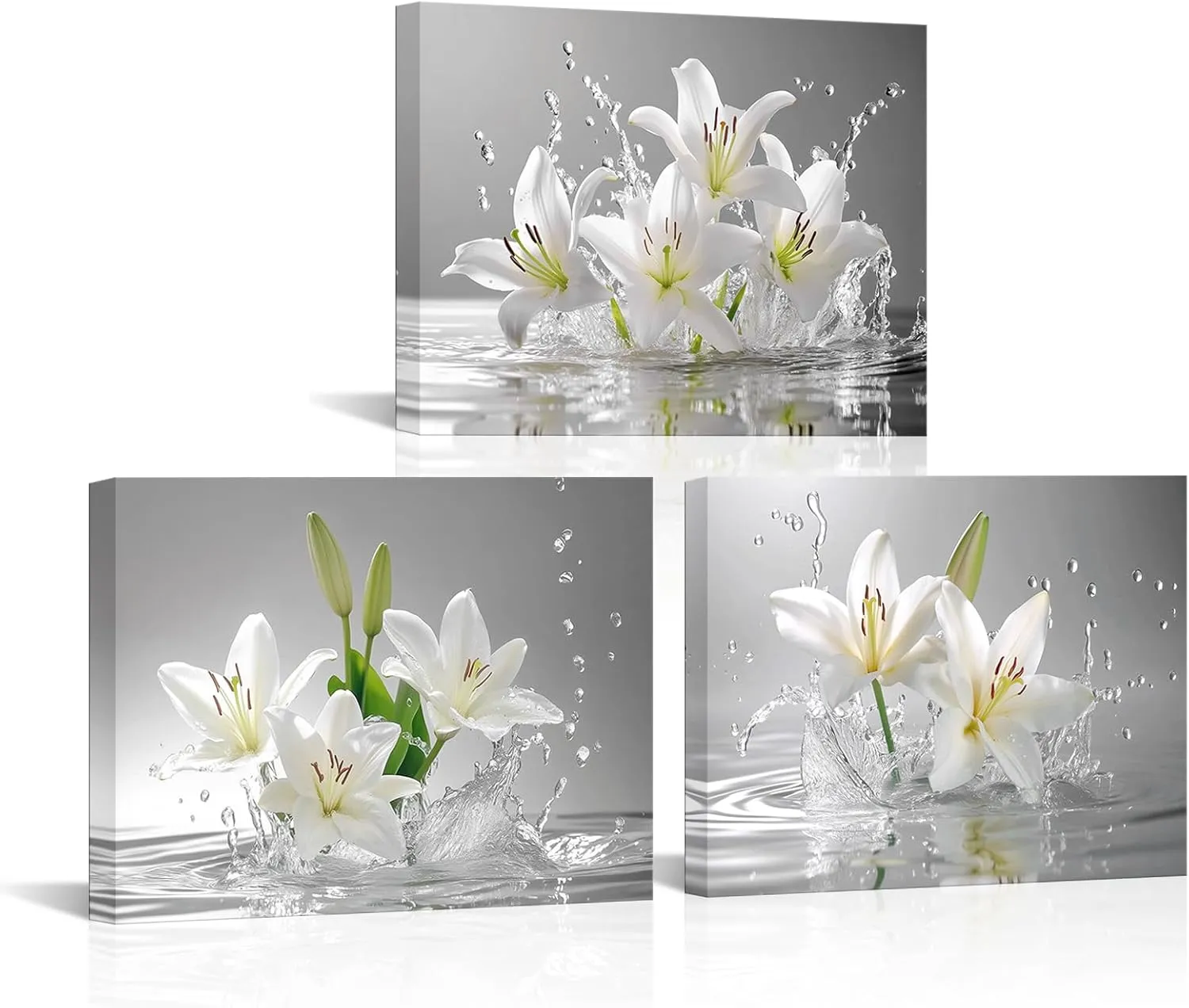Canvbay 3 Pieces White Lily Floral Wall Art Lilies Flower Bloom in Water Picture Print on Canvas Modern Home Decor for Living Room Bedroom Bathroom 12x16inchx3pcs