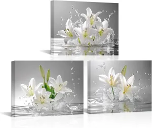 Canvbay 3 Pieces White Lily Floral Wall Art Lilies Flower Bloom in Water Picture Print on Canvas Modern Home Decor for Living Room Bedroom Bathroom 12x16inchx3pcs