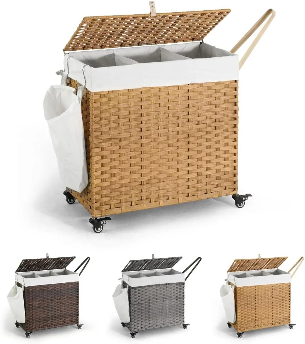 CAPHAUS Handwoven Basket w/Lid for Storage & Wheels, Clothes Hamper for Laundry, Laundry Basket w/Lid, Synthetic Rattan Laundry Hamper, Removable Liner Bags, Mesh Bags, Pulling Strap, 140L, Natural