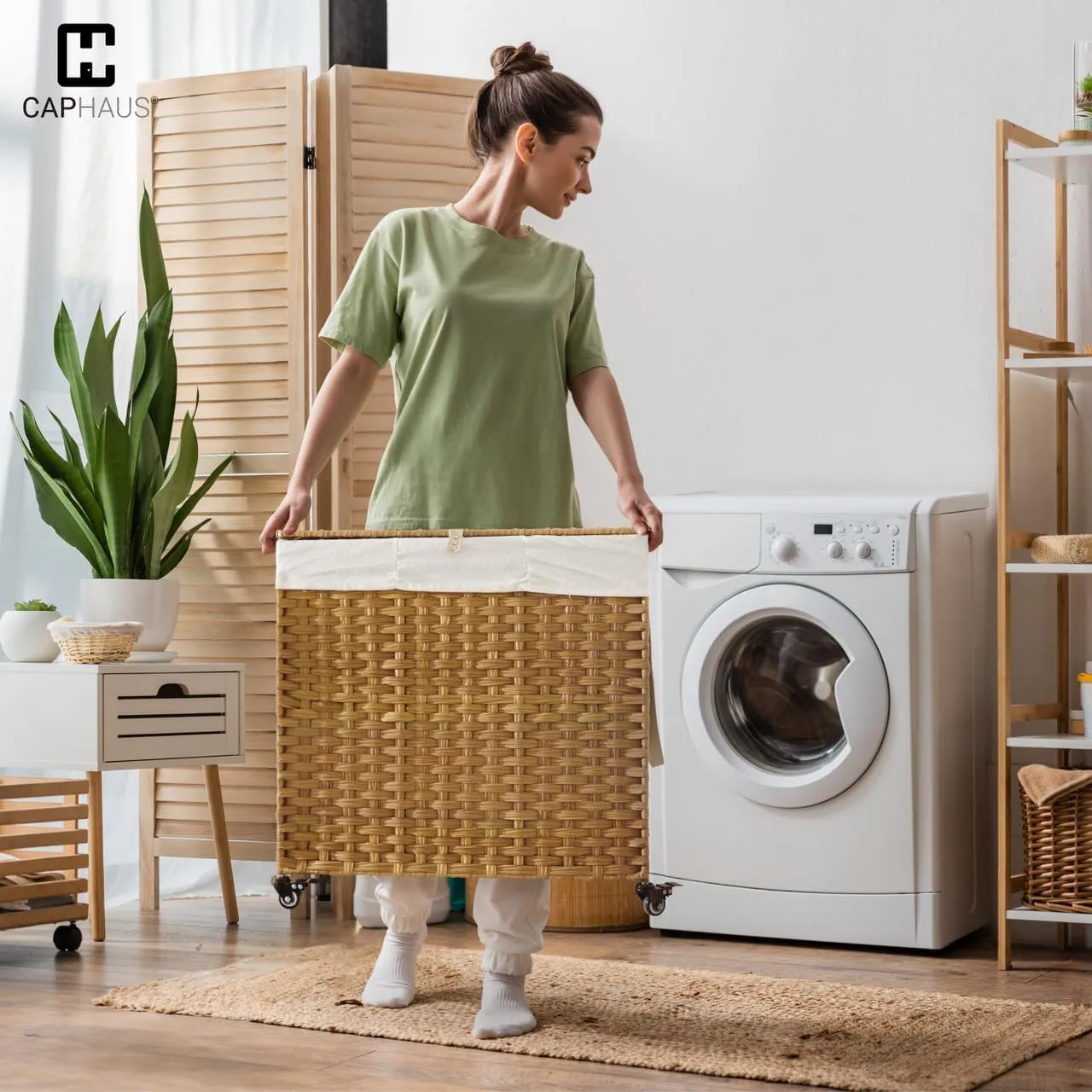 CAPHAUS Handwoven Basket w/Lid for Storage & Wheels, Clothes Hamper for Laundry, Laundry Basket w/Lid, Synthetic Rattan Laundry Hamper, Removable Liner Bags, Mesh Bags, Pulling Strap, 140L, Natural