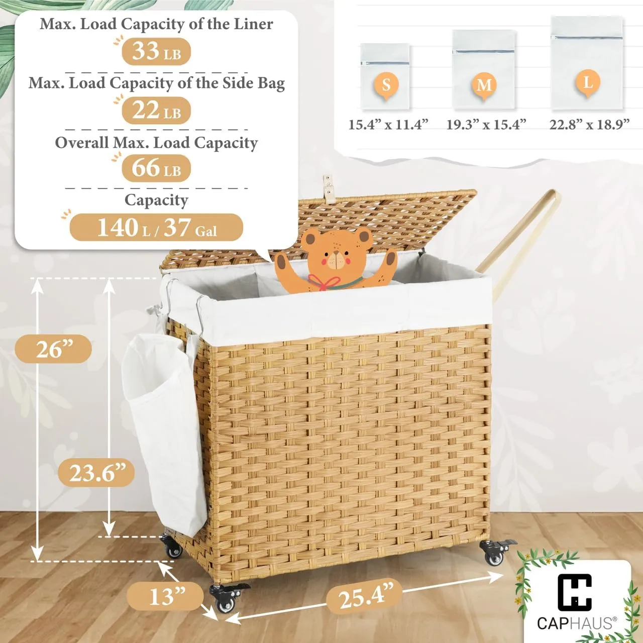 CAPHAUS Handwoven Basket w/Lid for Storage & Wheels, Clothes Hamper for Laundry, Laundry Basket w/Lid, Synthetic Rattan Laundry Hamper, Removable Liner Bags, Mesh Bags, Pulling Strap, 140L, Natural
