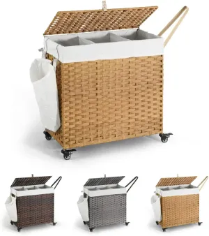 CAPHAUS Handwoven Basket w/Lid for Storage & Wheels, Clothes Hamper for Laundry, Laundry Basket w/Lid, Synthetic Rattan Laundry Hamper, Removable Liner Bags, Mesh Bags, Pulling Strap, 140L, Natural