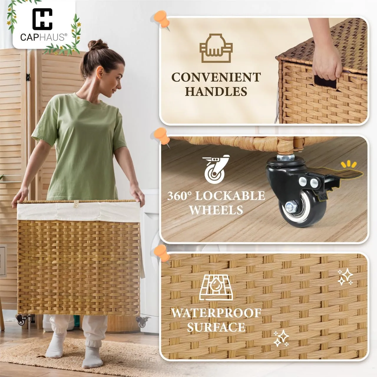 CAPHAUS Handwoven Basket w/Lid for Storage & Wheels, Clothes Hamper for Laundry, Laundry Basket w/Lid, Synthetic Rattan Laundry Hamper, Removable Liner Bags, Mesh Bags, Pulling Strap, 140L, Natural