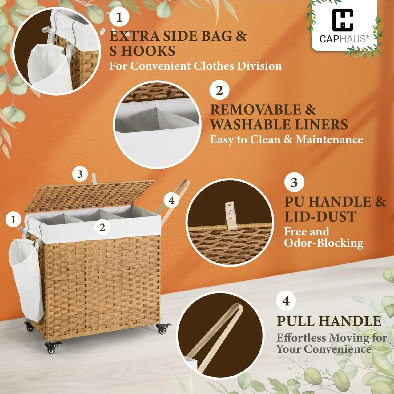 CAPHAUS Handwoven Basket w/Lid for Storage & Wheels, Clothes Hamper for Laundry, Laundry Basket w/Lid, Synthetic Rattan Laundry Hamper, Removable Liner Bags, Mesh Bags, Pulling Strap, 140L, Natural
