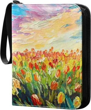 Card Binder 4 Pocket, Trading Card Binder Holder Fits 400 Cards with 50 Sleeves, Card Collection Binder Album Book Holder for Baseball Football Games Cards, Tulip Flower Painting