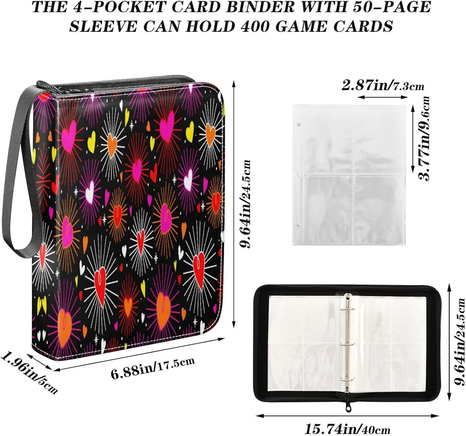 Card Binder 400 Pockets Trading Card Binder Holder with 50 Removable Sleeves,Card Binder Album with Zipper Portable Card Folder for Baseball Football Games Sports Cards,Colorful Heart