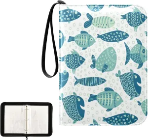 Card Binder 400 Pockets Trading Card Binder Holder with 50 Removable Sleeves,Card Binder Album with Zipper Portable Card Folder for Baseball Football Games Sports Cards,Doodle Green Fish