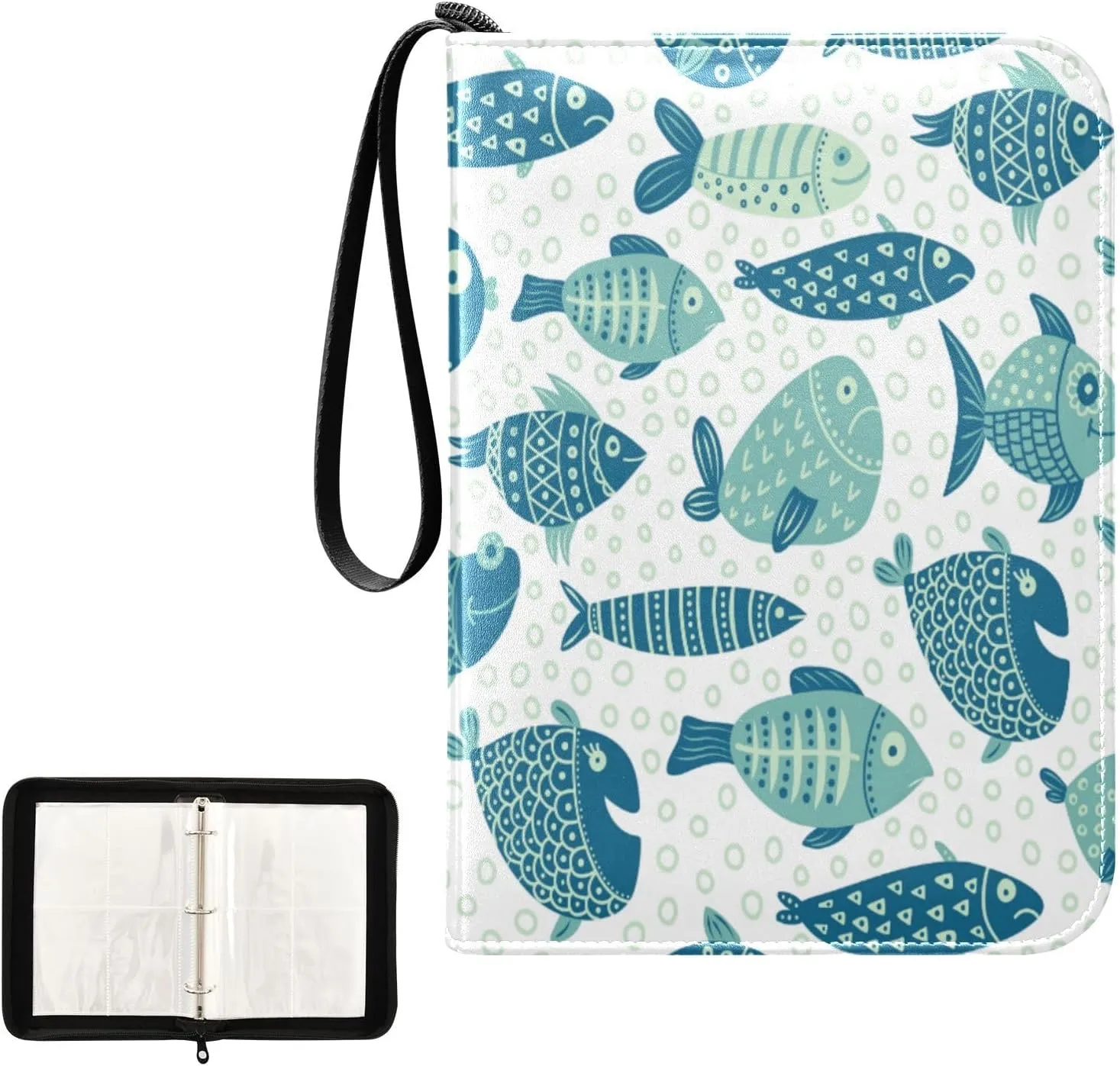 Card Binder 400 Pockets Trading Card Binder Holder with 50 Removable Sleeves,Card Binder Album with Zipper Portable Card Folder for Baseball Football Games Sports Cards,Doodle Green Fish