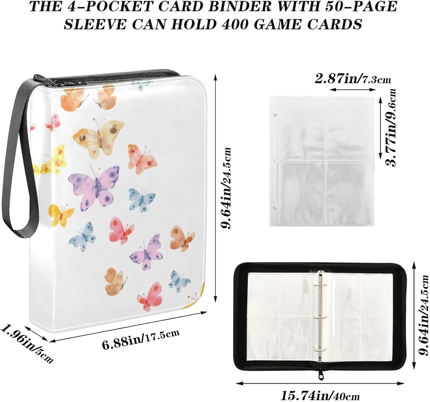 Card Binder 400 Pockets Trading Card Binder Holder with 50 Removable Sleeves,Card Binder Album with Zipper Portable Card Folder for Baseball Football Games Sports Cards,Flying Colorful Butterfl