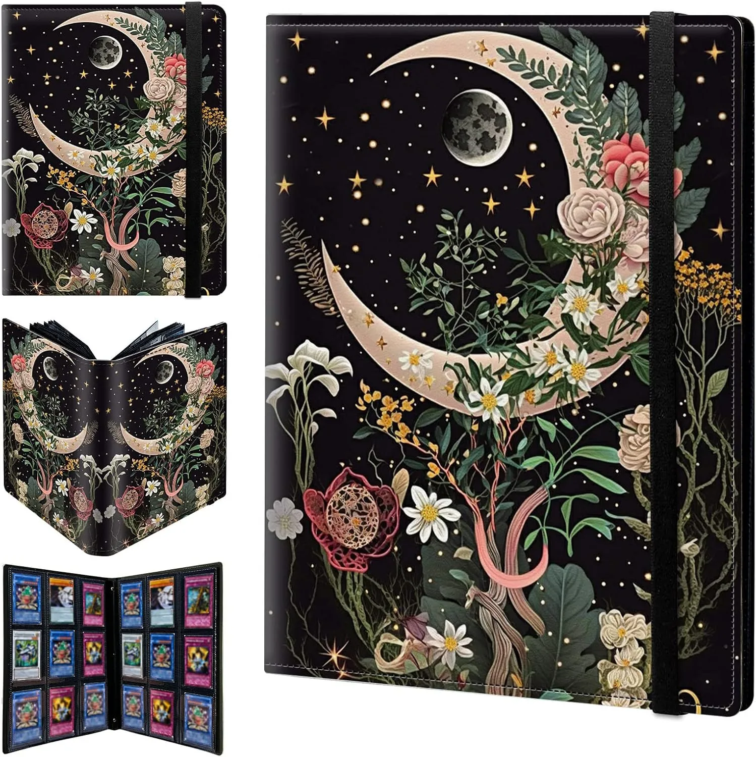 Card Binder 9 Pocket Trading Card Album Folder 900 Side Loading Pocket Binder Baseball Card Binder with Moon Floral Flower Pattern Design Card Binder for Game Cards & Sports Cards