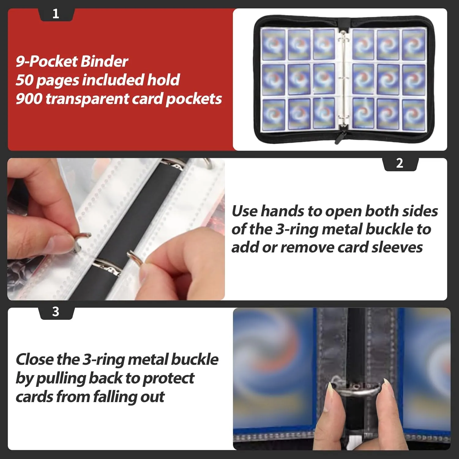 Card Binder for Trading Card 9 Pocket, 900 Pockets Card Holder with 50 Removable Sleeves, Waterproof Trading Binders for Standard Size Cards Display Storage Carrying Case