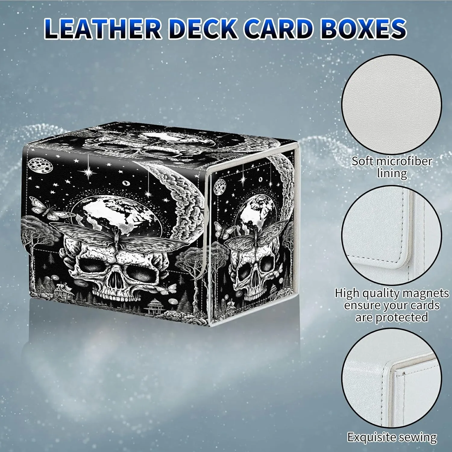 Card Deck Box with 100 Pack Sleeves 2PCS, MTG Commander Deck Box for Trading Cards, 100  Sleeved Cards with PU Leather Magnetic Card Storage Box for Single Sports TCG CCG, Skull Moon Butterfly