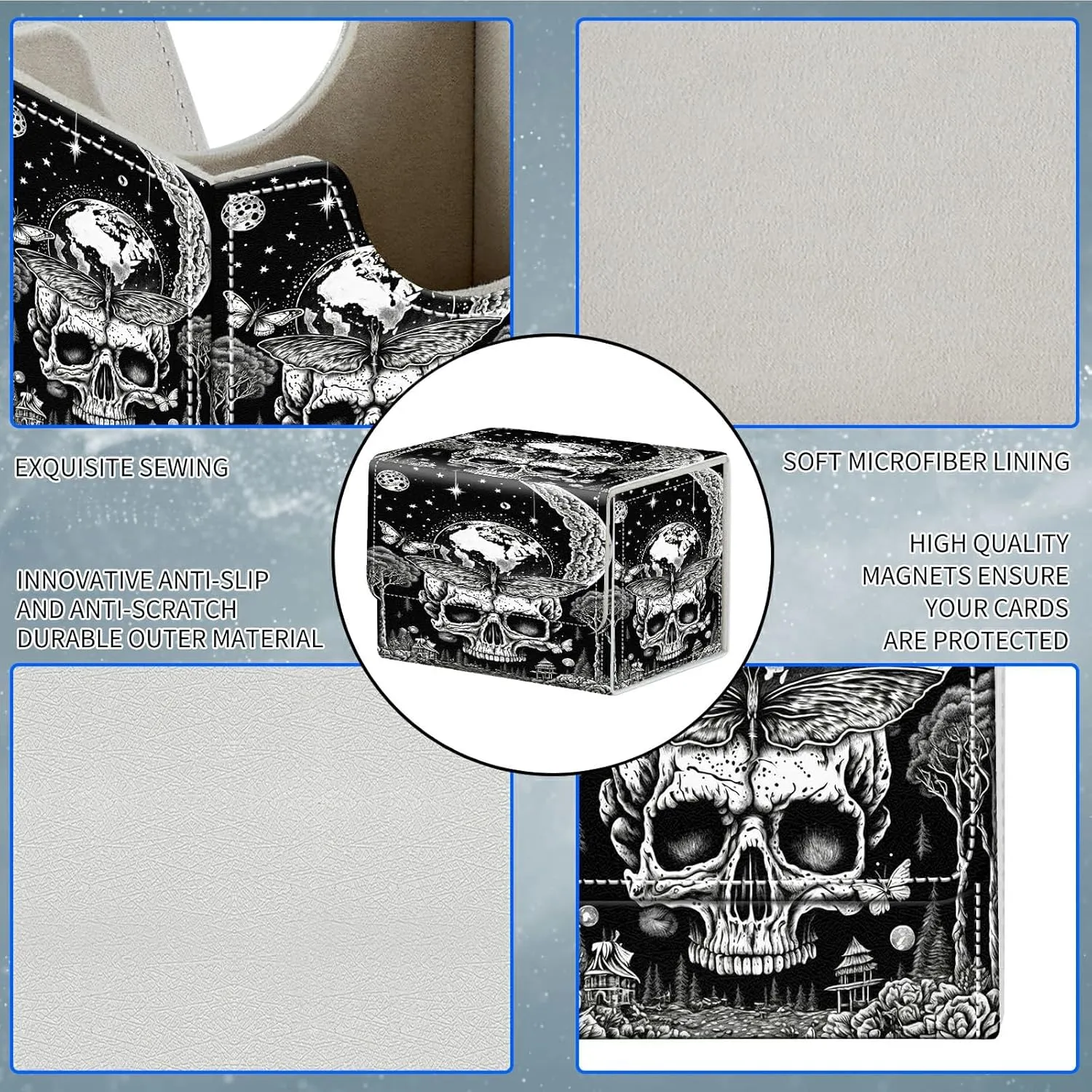 Card Deck Box with 100 Pack Sleeves 2PCS, MTG Commander Deck Box for Trading Cards, 100  Sleeved Cards with PU Leather Magnetic Card Storage Box for Single Sports TCG CCG, Skull Moon Butterfly