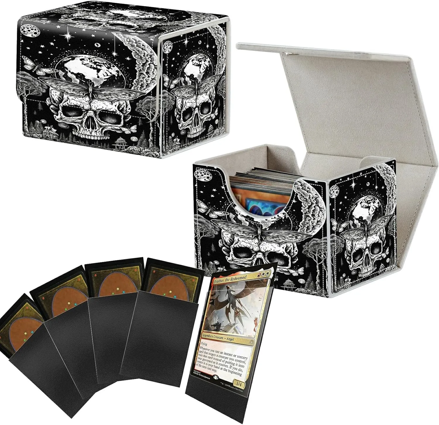 Card Deck Box with 100 Pack Sleeves 2PCS, MTG Commander Deck Box for Trading Cards, 100  Sleeved Cards with PU Leather Magnetic Card Storage Box for Single Sports TCG CCG, Skull Moon Butterfly