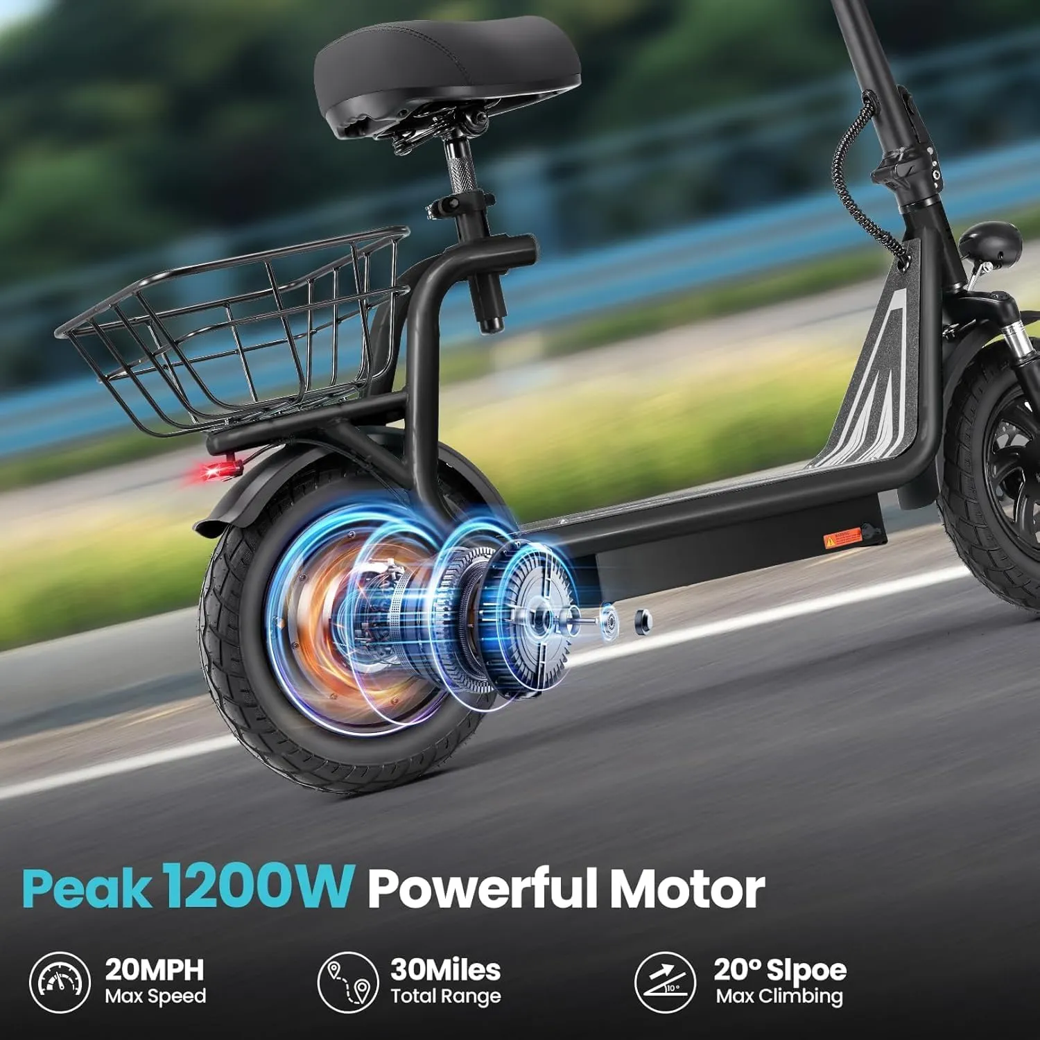 Caroma Peak 1200W Foldable Electric Scooter with Seat, 500Wh Battery, 30 Miles Max Range, 20MPH Top Speed, 12" Pneumatic Tire, Adult Commuting Scooter w/Detachable Basket & Storage Hook