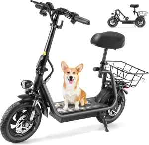 Caroma Peak 1200W Foldable Electric Scooter with Seat, 500Wh Battery, 30 Miles Max Range, 20MPH Top Speed, 12" Pneumatic Tire, Adult Commuting Scooter w/Detachable Basket & Storage Hook