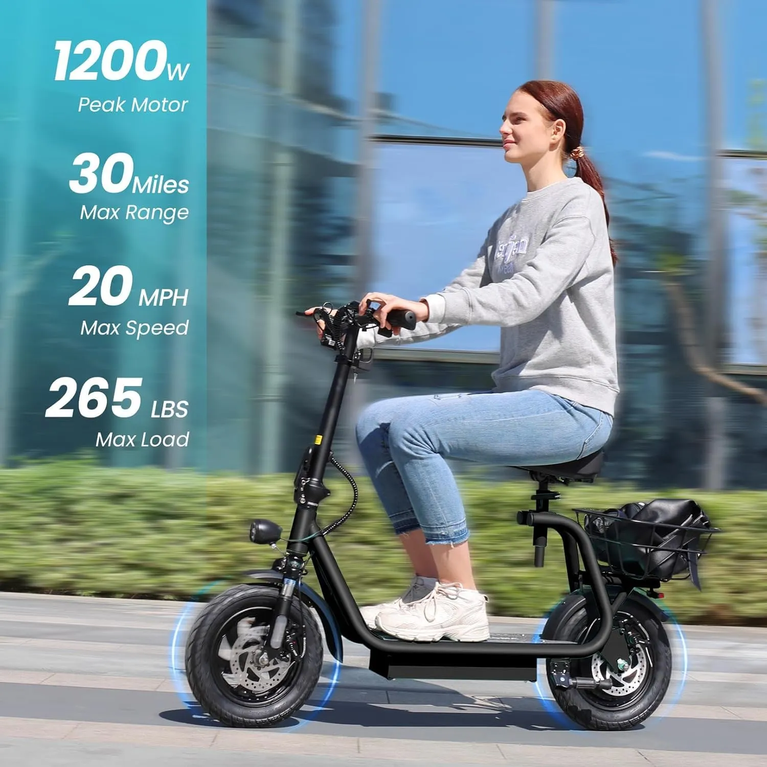 Caroma Peak 1200W Foldable Electric Scooter with Seat, 500Wh Battery, 30 Miles Max Range, 20MPH Top Speed, 12" Pneumatic Tire, Adult Commuting Scooter w/Detachable Basket & Storage Hook