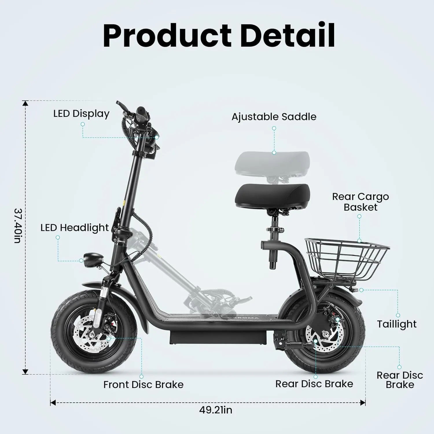Caroma Peak 1200W Foldable Electric Scooter with Seat, 500Wh Battery, 30 Miles Max Range, 20MPH Top Speed, 12" Pneumatic Tire, Adult Commuting Scooter w/Detachable Basket & Storage Hook