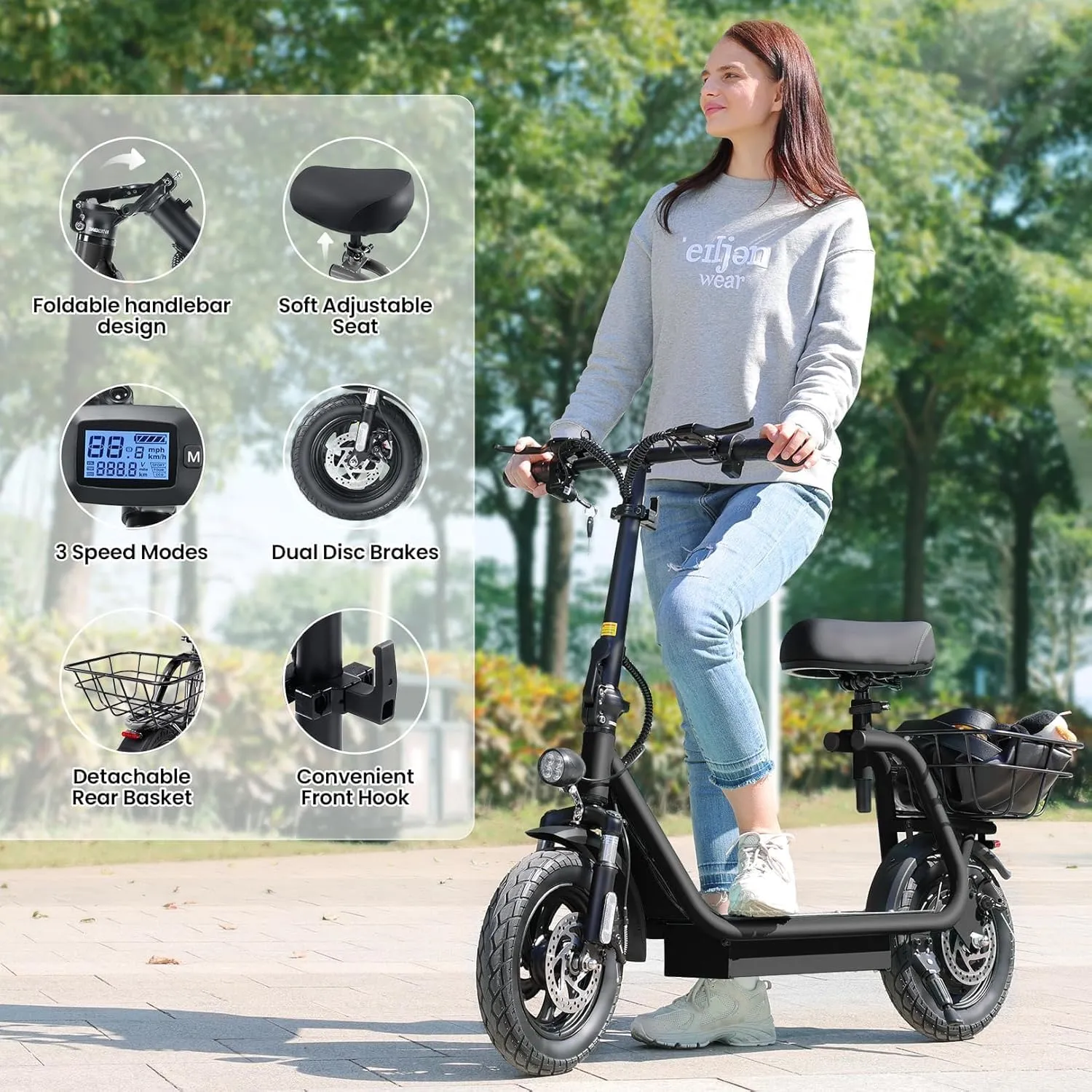 Caroma Peak 1200W Foldable Electric Scooter with Seat, 500Wh Battery, 30 Miles Max Range, 20MPH Top Speed, 12" Pneumatic Tire, Adult Commuting Scooter w/Detachable Basket & Storage Hook