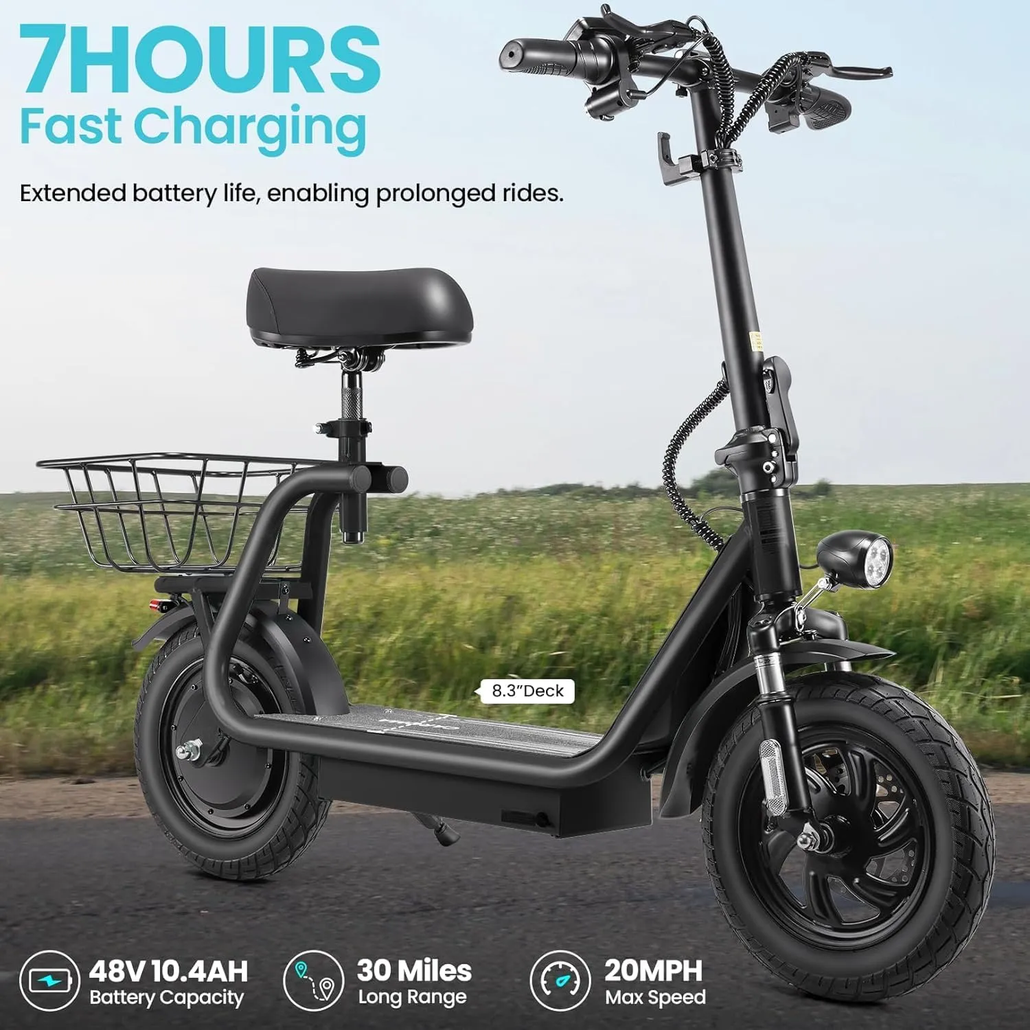 Caroma Peak 1200W Foldable Electric Scooter with Seat, 500Wh Battery, 30 Miles Max Range, 20MPH Top Speed, 12" Pneumatic Tire, Adult Commuting Scooter w/Detachable Basket & Storage Hook