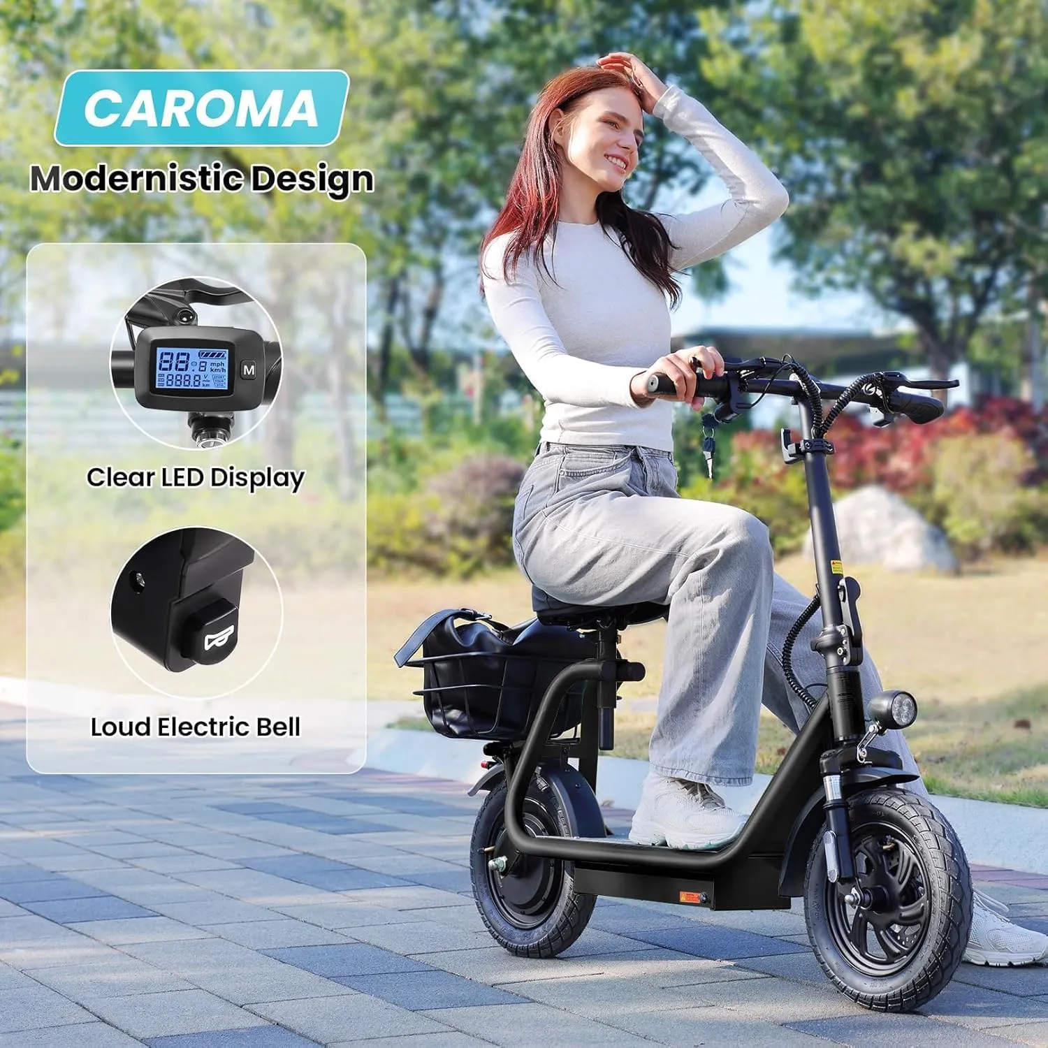 Caroma Peak 1200W Foldable Electric Scooter with Seat, 500Wh Battery, 30 Miles Max Range, 20MPH Top Speed, 12" Pneumatic Tire, Adult Commuting Scooter w/Detachable Basket & Storage Hook