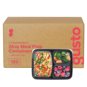 [Case of 150] 24 oz - 3 Compartment Reusable Meal Prep Containers - Microwaveable, Dishwasher and Freezer Safe, BPA-Free, Bento Boxes and Convenience Food Storage with Lids, Stackable
