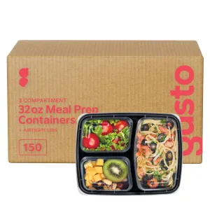 [Case of 150] 32 oz - 3 Compartment Reusable Meal Prep Containers - Microwaveable, Dishwasher and Freezer Safe, BPA-Free, Bento Boxes and Convenience Food Storage with Lids, Stackable